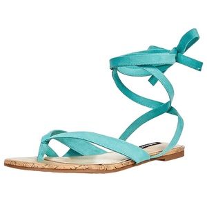 Nine West Tied Up Sandals Faux Suede Aqua Flat Thong Sandal Lace Up Size 8.5
